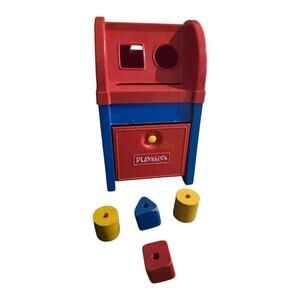 Vintage Playskool Postal Station 11" Wood Mailbox Shape Sorter w Blocks